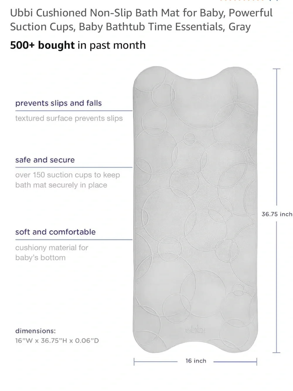 Ubbi Gray Cushioned Non-Slip Baby Bath Mat